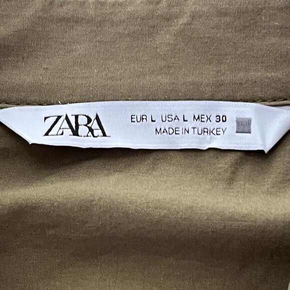 Zara Snap Front Dress Size L Elastic Cinch Waist Army Green SHort Sleeve Collar - Picture 9 of 12